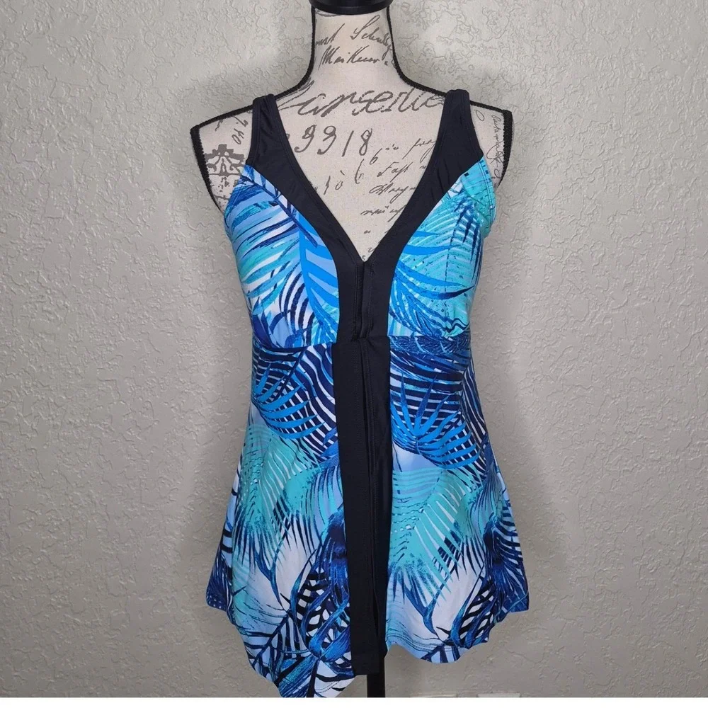 Ceeb Womens Tropical Palm Leaf Tankini Swim Top Blue Turquoise